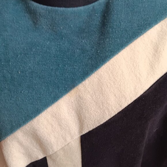 Men's XL Vintage Sweater Campus Velour Teal Striped Retro Crewneck Pullover USA - Picture 5 of 8